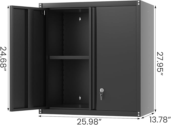 LUCYPAL Metal Wall Storage Cabinet with 2 Locking Doors and Adjustable Shelves,Garage Wall Cabinets,Steel Lockable Storage Cabinet for Home Office,Garage,Warehouse Black
