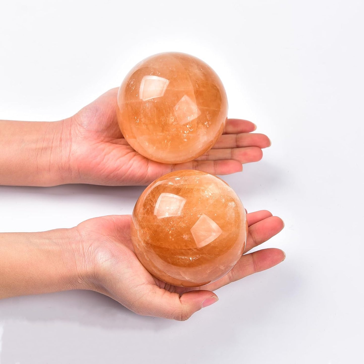 JIC Gem Stripe Orange Calcite Decorative Ball Healing Crystal Sphere with Wood Stand for Fengshui and Decoration (70-80mm)