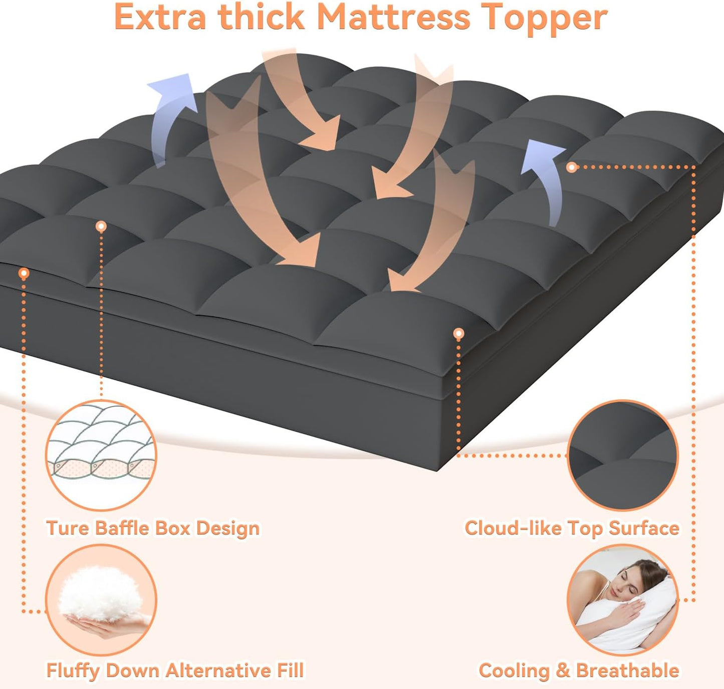 King Mattress Topper for Back Pain Relief, Extra Thick Pillow Top Plush Mattress Pad with Deep Pocket, Soft Pillowtop King Size Bed Toppers Filled Fluffy Down Alternative, Gray