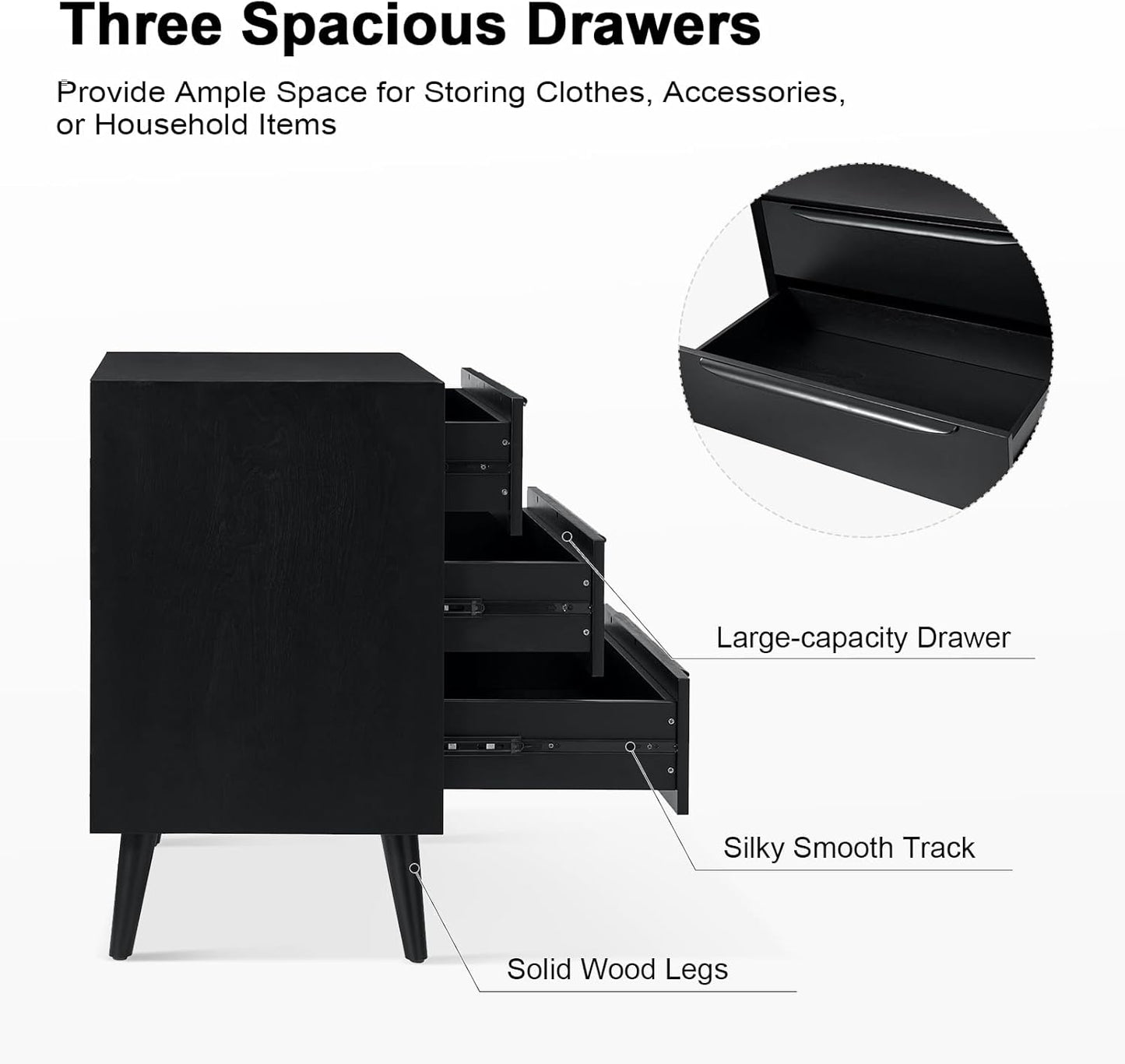 HULALA HOME Mid-Century Modern Nightstand, 3-Drawers Nightstand with Charging Station(Black)