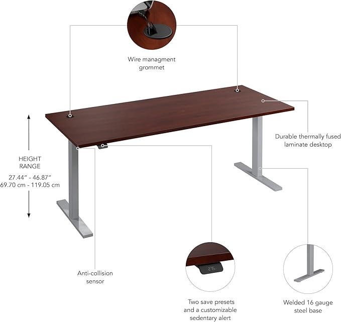 Bush Furniture Move 60 Electric Height Adjustable Desk, Ergonomic Sit-Stand Computer Table for Home and Professional Office, 72W x 30D, Hansen Cherry