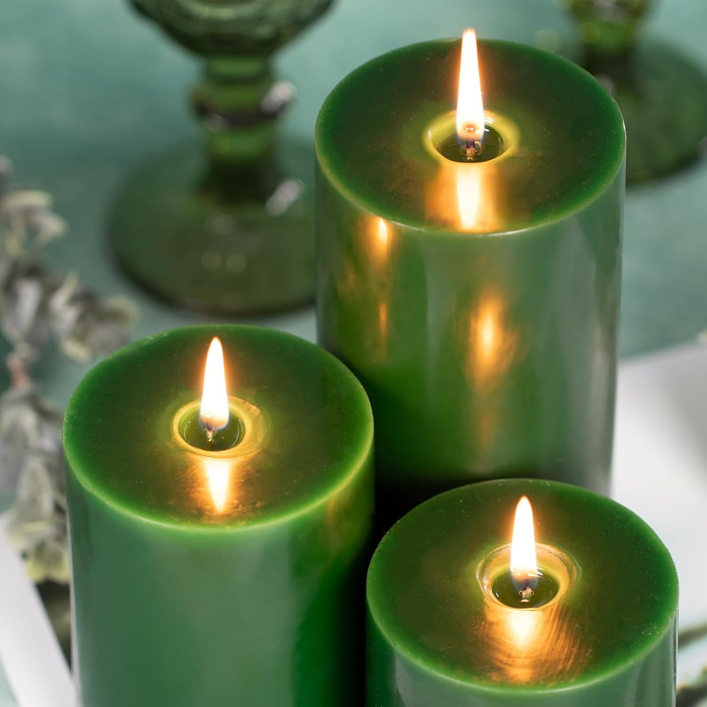 KONNI Navy Green Pillar Candles Set of 3, 3"x 3" Unscented Pillar Candles Bulk, 30 Hours Long Burning Candles, Smokeless&Dripless Large Round Candle for Wedding, Home Decoration, Parties, Spas, Dinner