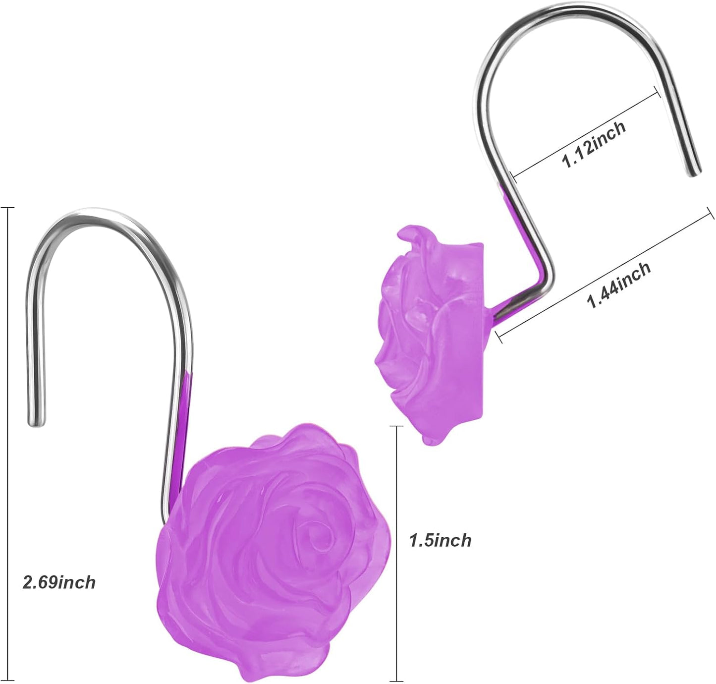 Purple Rose Shower Curtain Hooks Cute Lavender Flower Glow in The Dark Decorative Resin Hooks for Shower Curtain Rust Proof Girly Floral Bathroom Art Decors