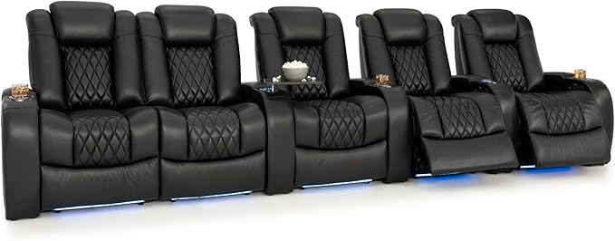 Seatcraft Diamante Zero-Gravity CoolZero Italian Leather Home Theater Seating, Power Headrest, Power Recline, Row of 5 Left Loveseat, Black