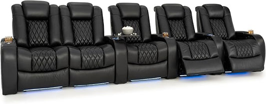 Seatcraft Diamante Zero-Gravity CoolZero Italian Leather Home Theater Seating, Power Headrest, Power Recline, Row of 5 Left Loveseat, Black