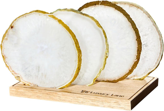 Luxury Lane Set of 4 Large Natural Brazilian Agate Slice Geode Rock Stone Drink Coasters with Wood Holder 4.3-4.7 inch Centerpiece Table Decoration, White