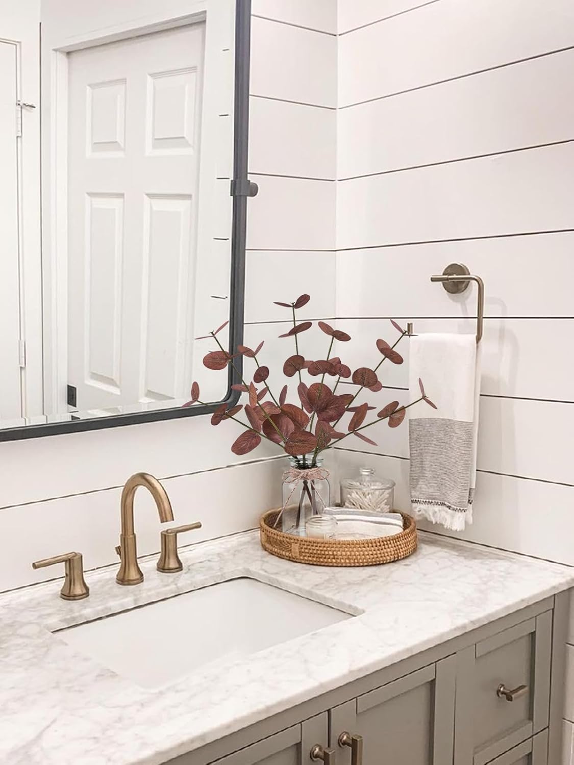 Artificial Eucalyptus Stems in Glass Vase with Faux Water, 14" Fake Plants for Home Decor, Coffee Table Centerpieces, Office, Bathroom & Farmhouse Weddings - Faux Plants Decorations