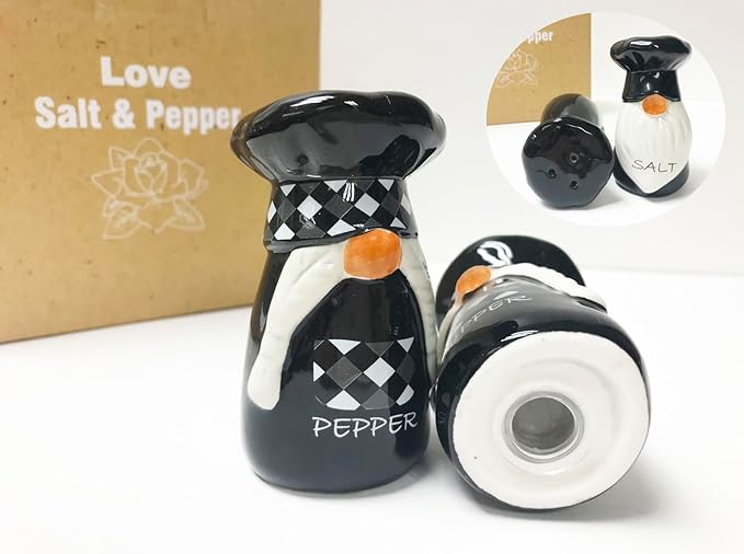 KARALIN Ceramic Salt & Pepper Shaker Sets Tabletop Accessories Cute Farmhouse Chef Design Housewarming gift with Gift Box ready (Black & White)