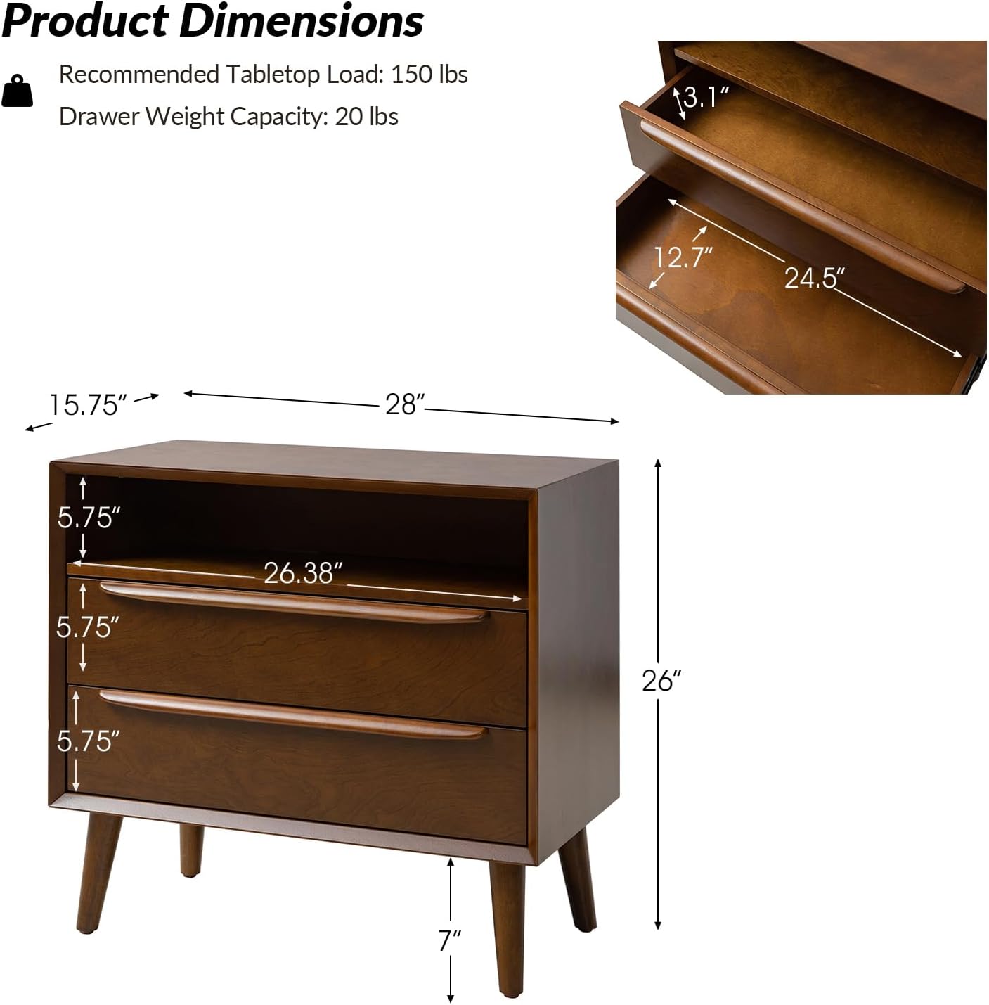 HULALA HOME Nightstand with Charging Station, Set of 2 Mid-Century Modern 2 Drawer and Open Shelf Dresser for Bedroom, Fluted Bedside Table, Walnut