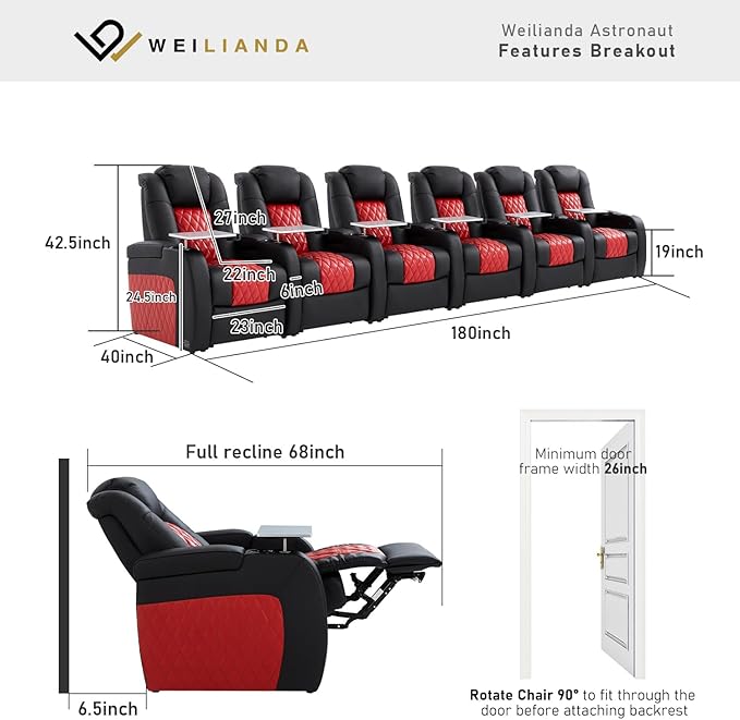 Home Theater Seating, Top Grain Leather Movie Seats Recliner Chair, Zero Gravity Reclining Gaming Sofa with Power Headrest 7 Colors Ambient Lighting 6 Seats Black Dark Red