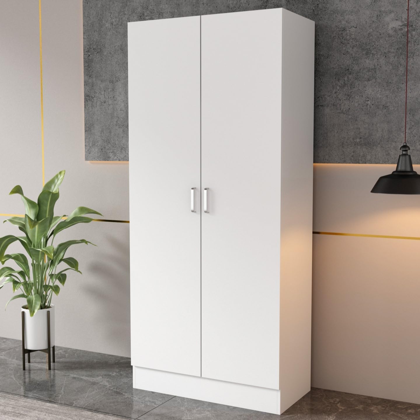 Hitow 2-Door Wardrobe Cabinet with Hanging Rod and 5 Shelves, Modern Free Standing Wood Storage Closet with Sliver Metal Handles for Bedroom, White, 31.5”W x 19.1”D x 70.9”H