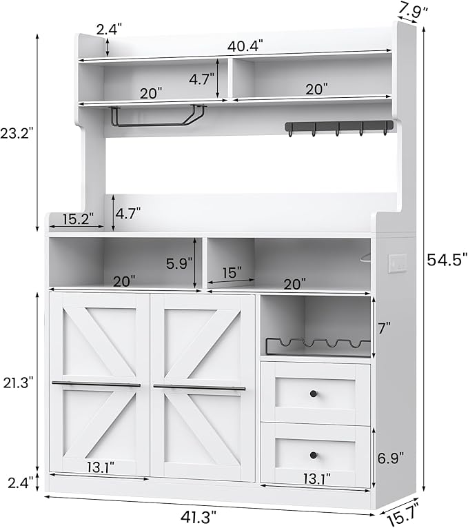 Hutch Storage Buffet Cabinet with Drawers, and Charging Station, Coffee Bar Cabinet with Barn Doors, Wine Rack and Hooks, White Wood Sideboard Buffet for Kitchen, Dining Room, 54.5" High