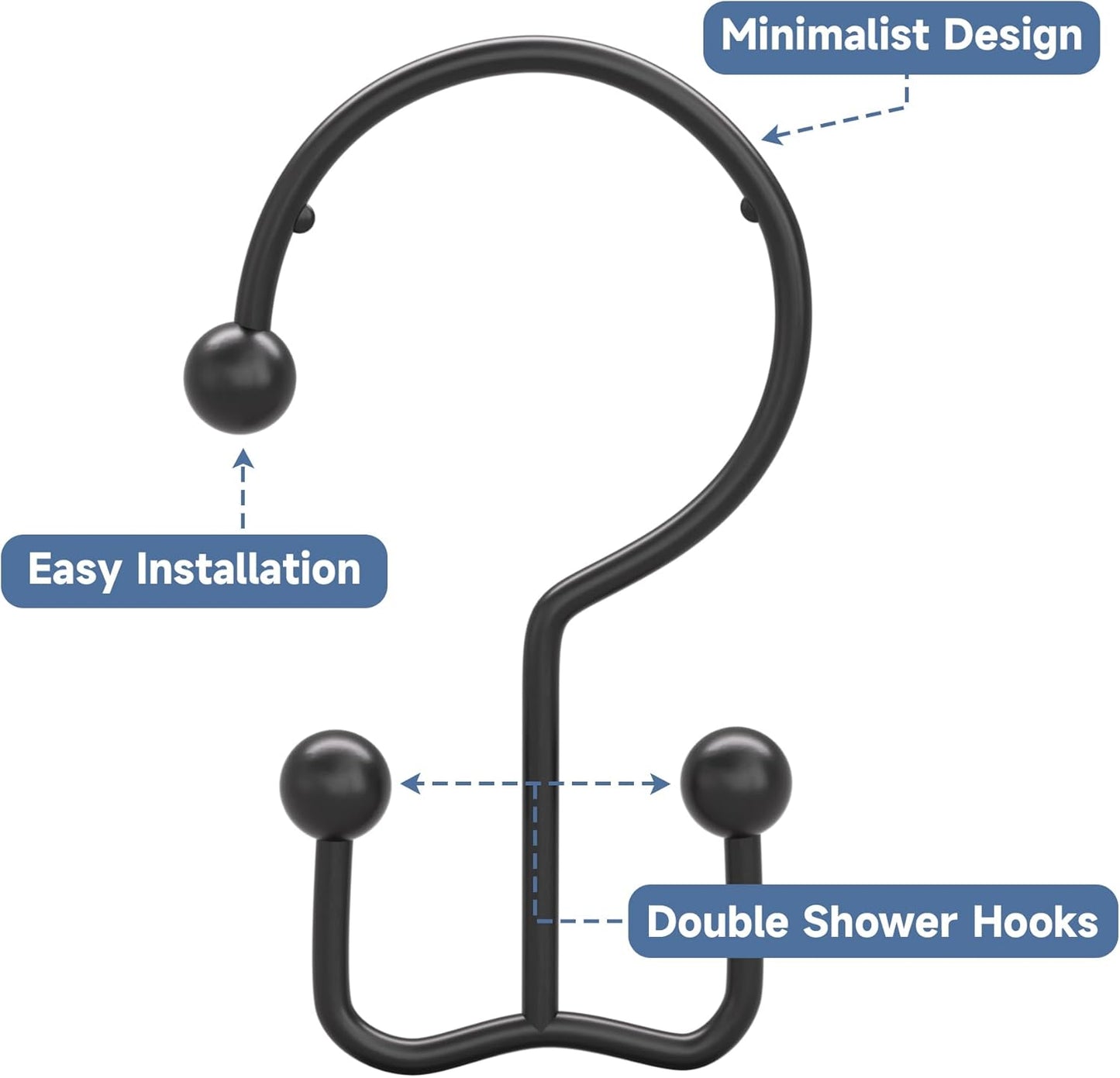 Titanker Shower Curtain Hooks Black, Minimalist Simple Double Glide Shower Curtain Rings, Rust Proof Metal Shower Hooks Rings for Bathroom Shower Rods Curtains, Set of 12 Hooks