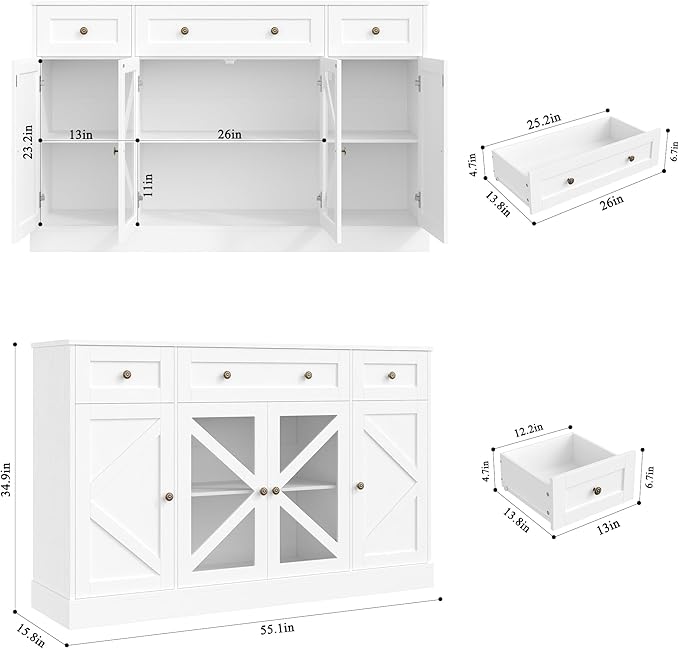 Keyluv Buffet Sideboard 55" Large Storage Cabinet 4 Doors and 3 Drawers, Farmhouse Wooden Coffee Bar Space-Saved Cupboard Furniture for Dining Room, Kitchen, Living Room, White