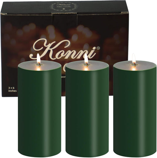 KONNI Navy Green Pillar Candles Set of 3, 3"x 6" Unscented Pillar Candles Bulk, 56 Hours Long Burning Candles, Smokeless&Dripless Large Round Candle for Wedding, Home Decoration, Parties, Spas, Dinner