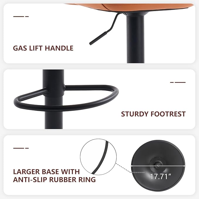 Kidol & Shellder Bar Stools Set of 2 Adjustable Swivel Orange, PU Leather Upholstered with Back, Modern Counter Height Stools for Kitchen Island, Home Bar