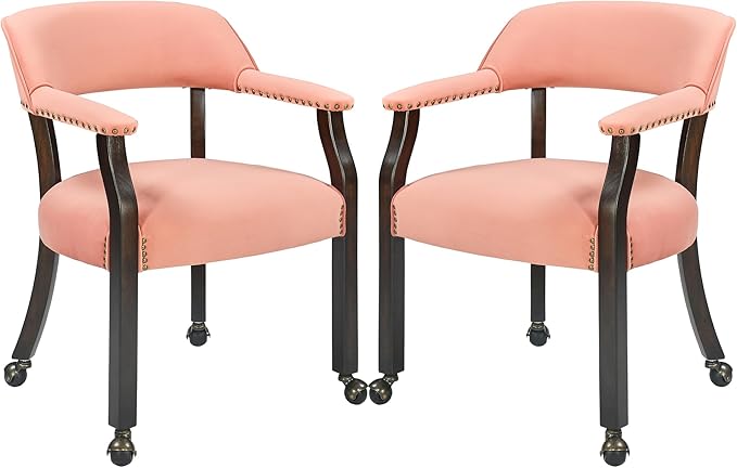 MODERION Dinning Chairs with Wheels and Arms Set of 2, Solid Wood Office Desk Chairs with Frosted Velvet Upholstered, Classic Swivel Accent Chairs,31.5" H Boss Caption's Chair, Pink XXY-HT22-PI