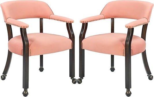 MODERION Dinning Chairs with Wheels and Arms Set of 2, Solid Wood Office Desk Chairs with Frosted Velvet Upholstered, Classic Swivel Accent Chairs,31.5" H Boss Caption's Chair, Pink XXY-HT22-PI