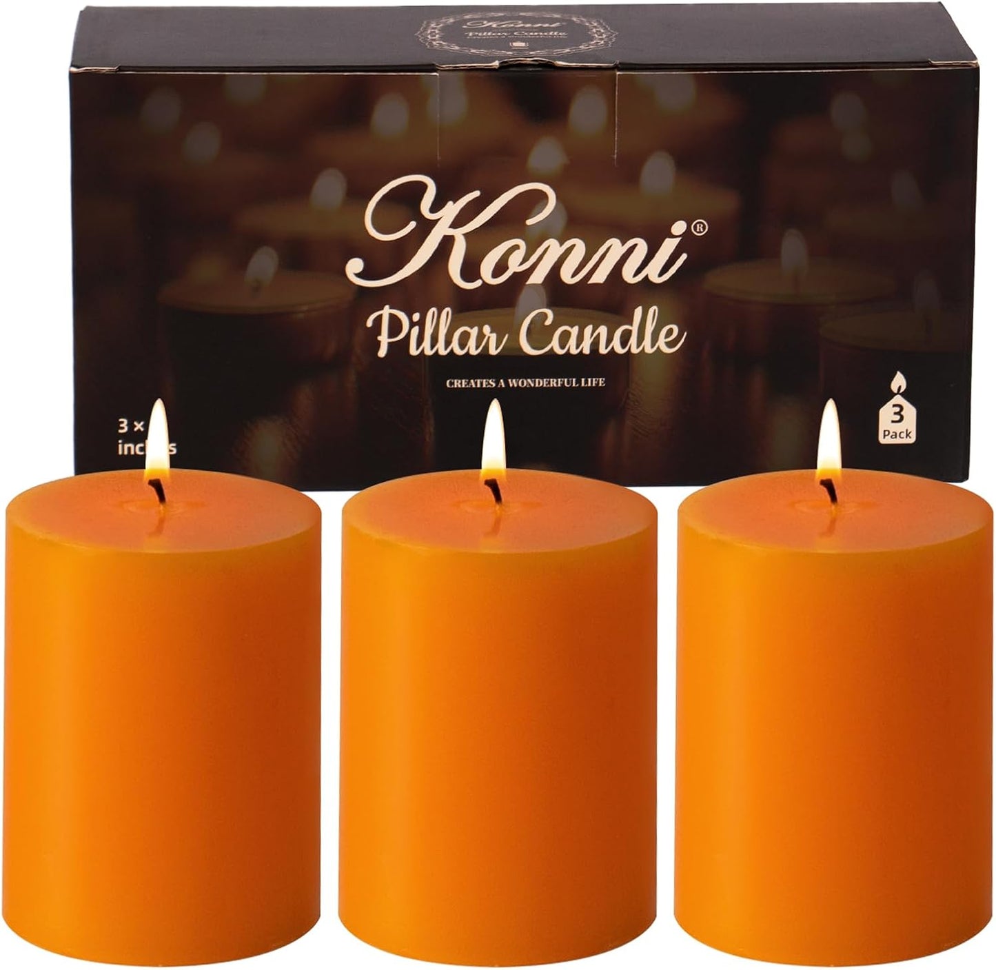 KONNI Orange Pillar Candles Set of 3, 3"x 4" Unscented Pillar Candles Bulk, 40 Hours Long Burning Candles, Smokeless&Dripless Large Round Candle for Wedding, Home Decoration, Parties, Spas, Dinner
