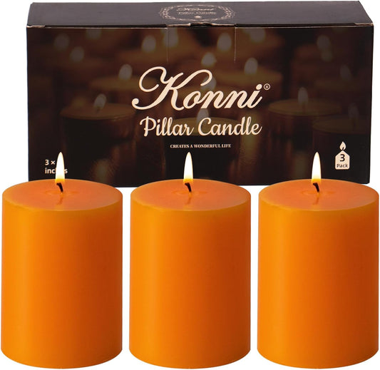 KONNI Orange Pillar Candles Set of 3, 3"x 4" Unscented Pillar Candles Bulk, 40 Hours Long Burning Candles, Smokeless&Dripless Large Round Candle for Wedding, Home Decoration, Parties, Spas, Dinner
