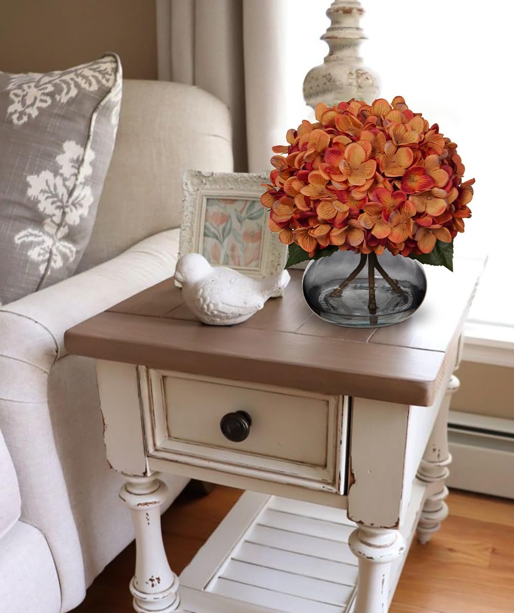 Hollyone Fall Hydrangea Artificial Flowers for Decoration with Vase Orange Silk Fake Flowers Arrangements in Glass Vase with Faux Water Faux Autumn Festival Table Centerpiece Home Decorations for Home