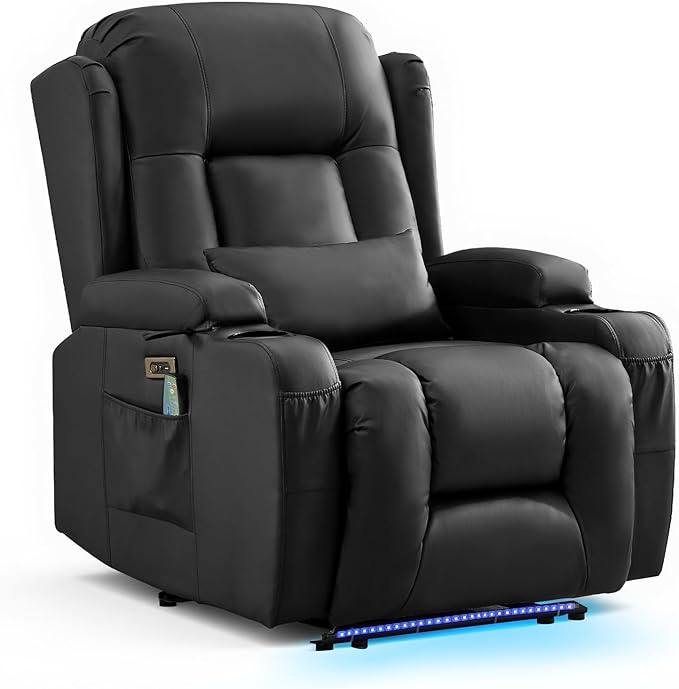 IPKIG Power Recliner Chair, Electric Home Theater Seating with 4 Colors Ambient Lighting/USB Ports/Cup Holders/Side Pockets for Living Room, Bedroom, Home, RVs (Black, Single Chair)