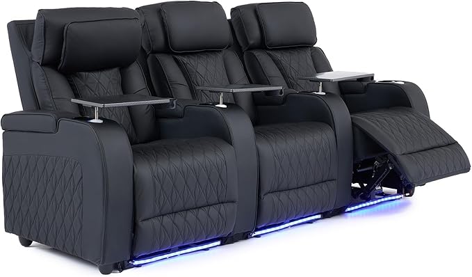 Home Theater Seating Top Grain Leather, Movie Theater Chairs Theater Recliner Sofa with Dual Power Ergonomic Design 7 Colors Ambient Lighting Tray Table Type-C USB Charge (Black, Row of 3)