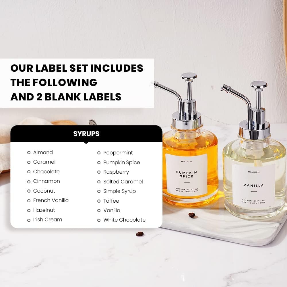 Molimoli (Upgraded Pump) Coffee Syrup Dispenser for Coffee Bar, Coffee Pump Dispenser, Glass Syrup Bottle w. Pump, 11.8 oz 350 ml, Set of 2, Silver