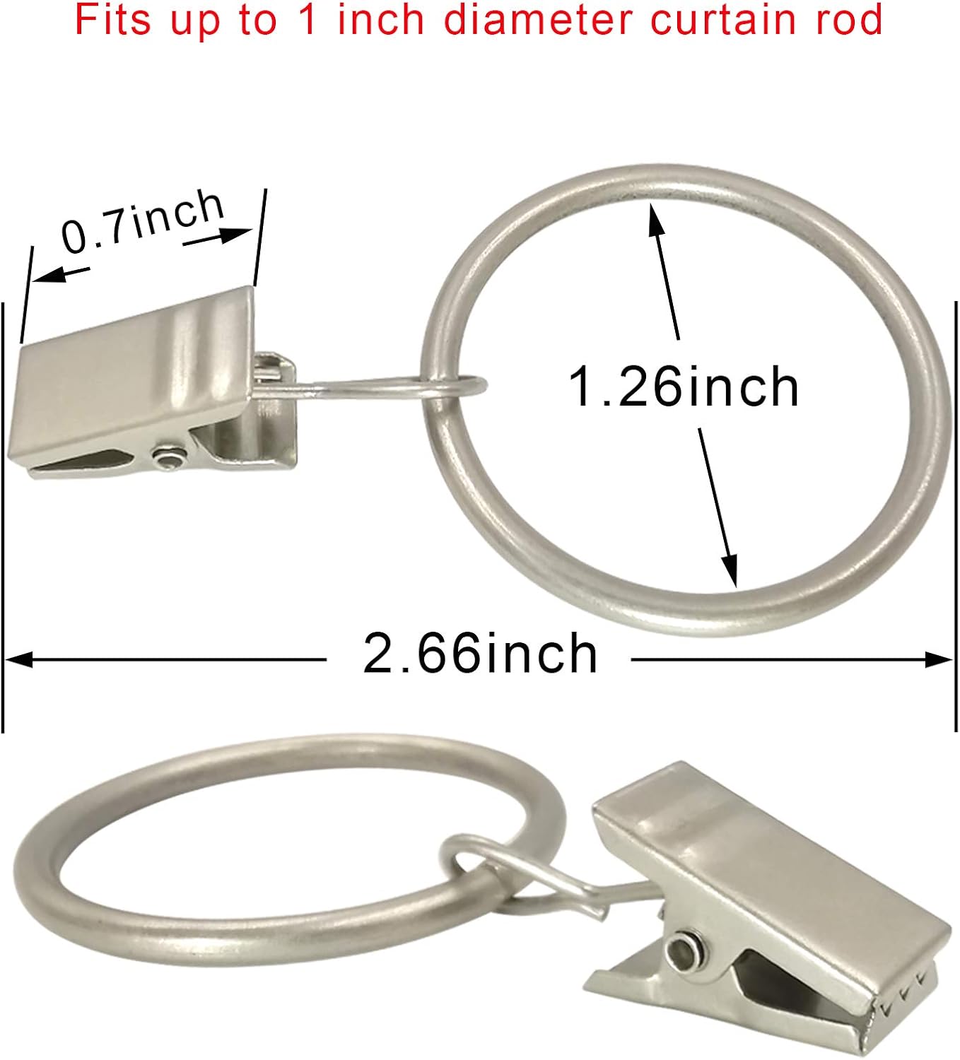 100 Pack Curtain Rings with Clips, Drapery Clip with Rings, Drapes Rings 1.26 in Interior Diameter, Fits up to 1 in Curtain Rod, Matte Silver