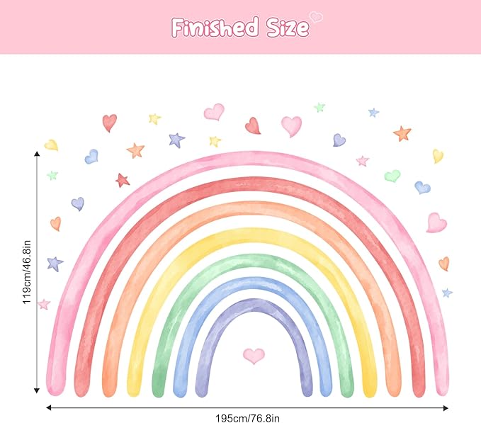 77" x 47" Large Rainbow Wall Decals Stickers for Girls Nursery Peel and Stick Watercolor Rainbow Hearts Stars Vinyl Wall Mural Art for Kids Toddlers Bedroom Playroom Classroom
