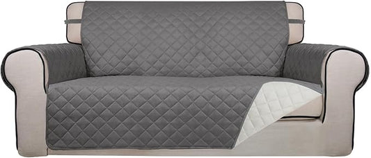 PureFit Reversible Quilted Sofa Cover, Water Resistant Slipcover Furniture Protector, Washable Couch Cover with Non Slip and Elastic Straps for Kids, Dogs, Pets (Oversized Loveseat, Gray/Ivory)
