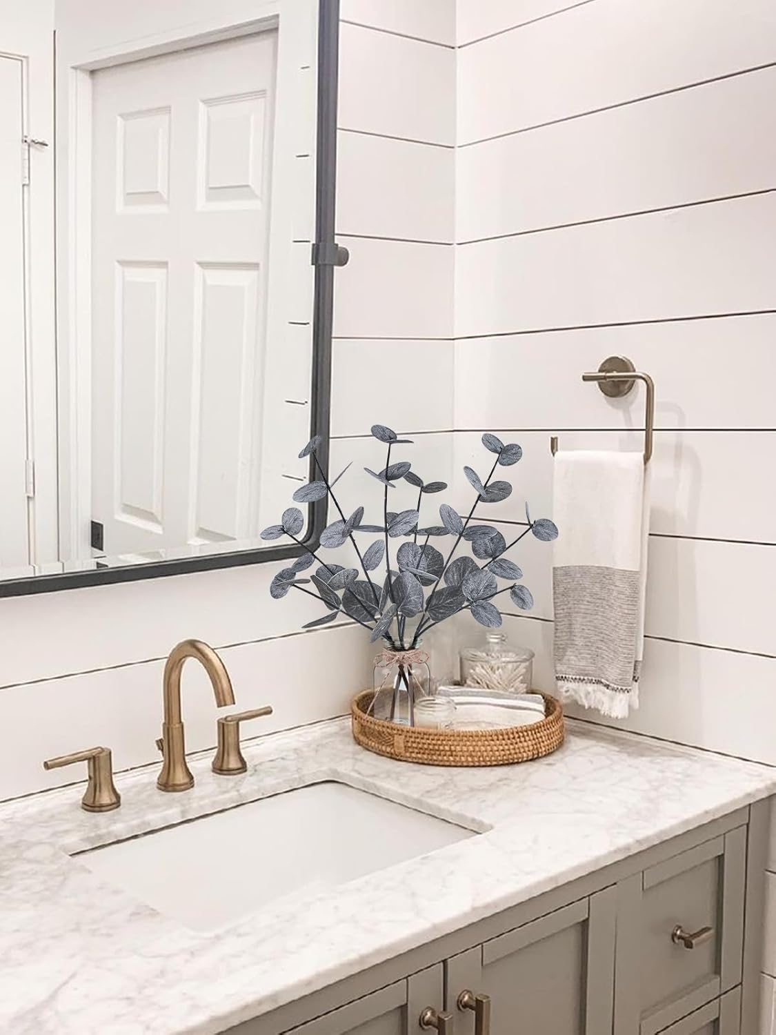 Artificial Eucalyptus Stems in Glass Vase with Faux Water, 14" Fake Plants for Home Decor, Coffee Table Centerpieces, Office, Bathroom & Farmhouse Weddings - Faux Plants Decorations