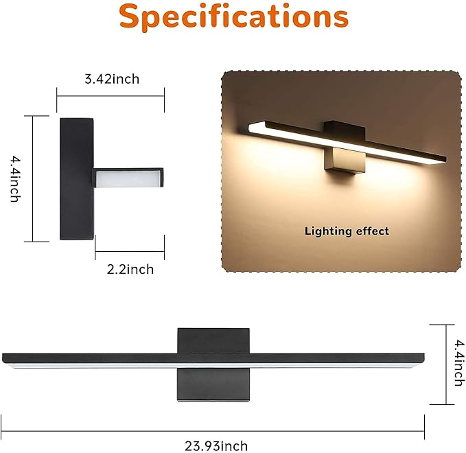 JUSHENG Bathroom Vanity Light Fixtures Aluminum & Stainless Steel Wall Mirror Vanity Light Fixtures for Bathroom & Bedroom Black Dimmable 24W 24" 3000K