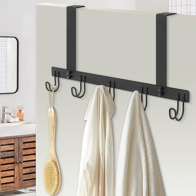 Over The Door Hooks, No Drill Door Towels Hanger, Metal Hanging Towel Holder with 5 Coat Hooks for Bathroom, Bedroom, Kitchen (Matte Black)