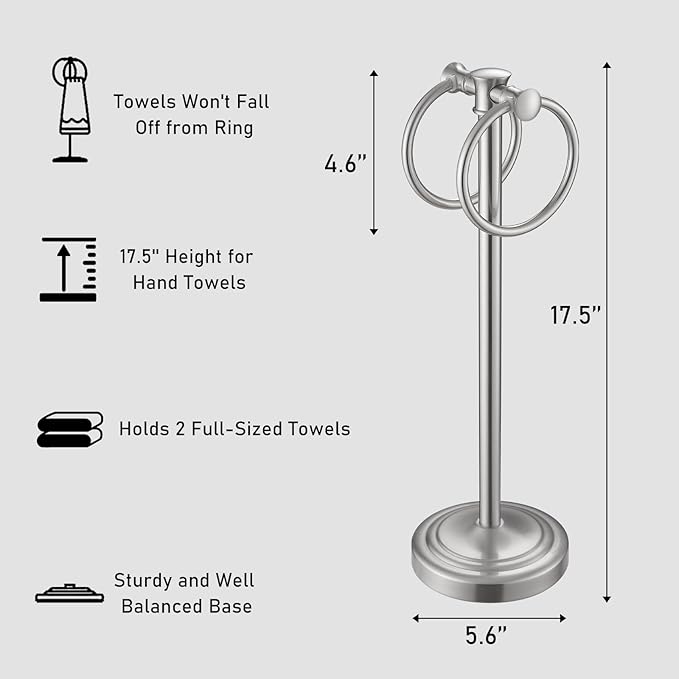 Hoimpro 17" Brushed Nickel Standing Towel Rack Bracket, Double Towel Ring Hand Towel Free Stand Holder Bathroom Hardware Accessories Set, Towel Bar for Bathroom Vanities and Kitchen Countertops