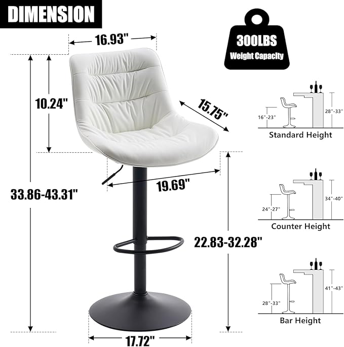 Kidol & Shellder Bar Stools Set of 2 Adjustable Swivel White, PU Leather Upholstered with Back, Modern Counter Height Stools for Kitchen Island, Home Bar