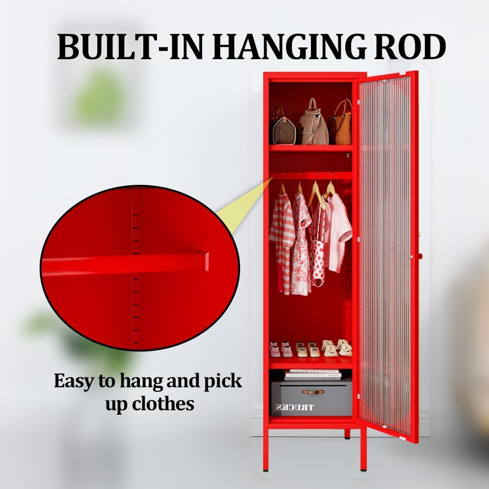 1 Door Metal Locker Cabinet for Kids Bedroom, School Classroom, Office, Home-Acrylic Translucent Door, Steel Corner Cabinet Sideboard Tall Storage Cabinet for Garage Utility Room (Red)