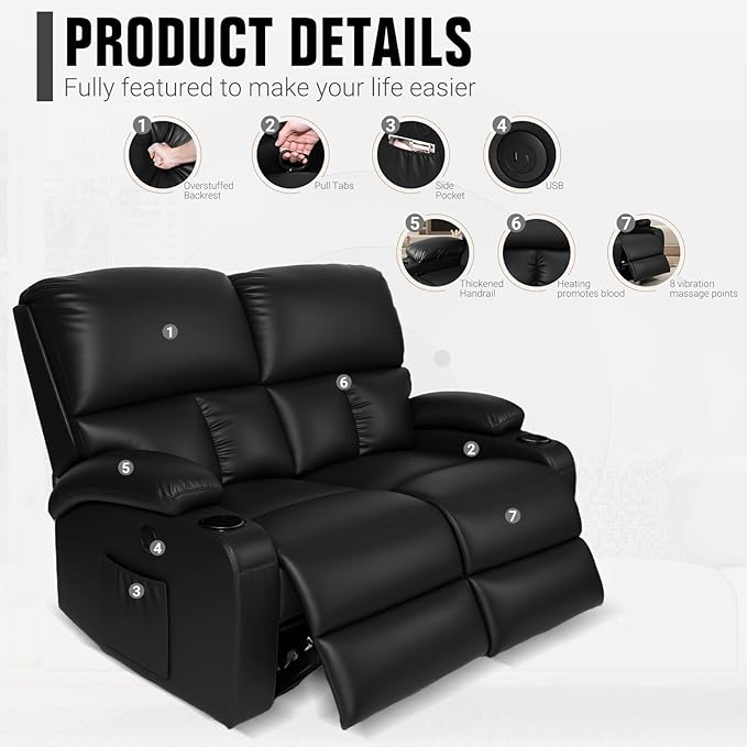 Home Theater Seating,RV Recliner Sofa with Massage and Heat,Manual RV Recliner Loveseat with USB/Cup Holders and Side Pocket for Living Room,2 Seater Black