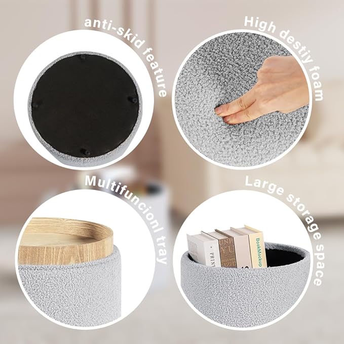 PINPLUS Round Boucle Ottoman with Tray, Storage Teddy Velvet Footstool Ottoman Cube for Living Room, Bedroom, Dorm 13.4"x13.4"x15" (Grey)