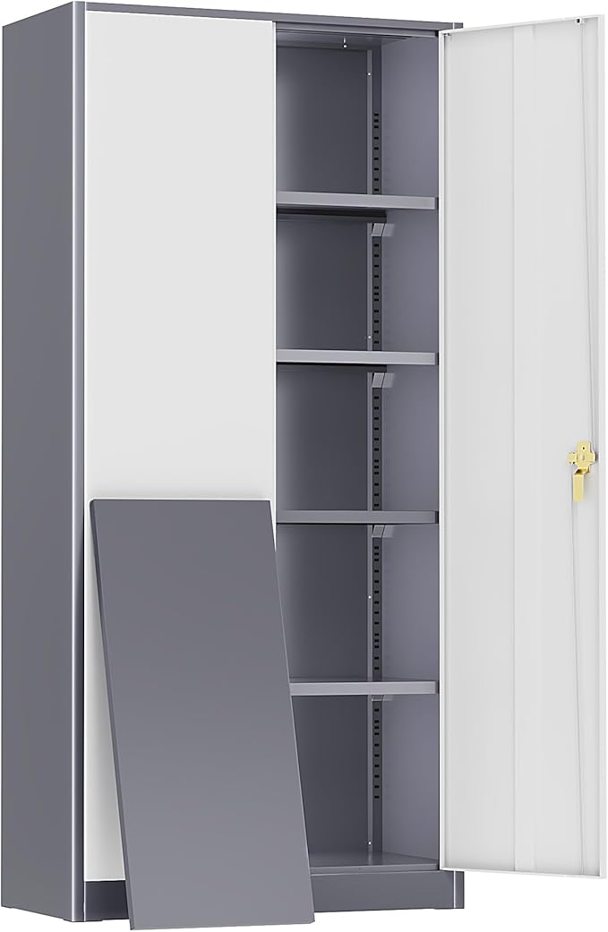 SUNCROWN 72" Metal Storage Cabinet - Heavy-Duty Metal Garage Cabinet with 4 Adjustable Shelves & 2 Doors for Tools, Office, Home, Workshop,Grey & White