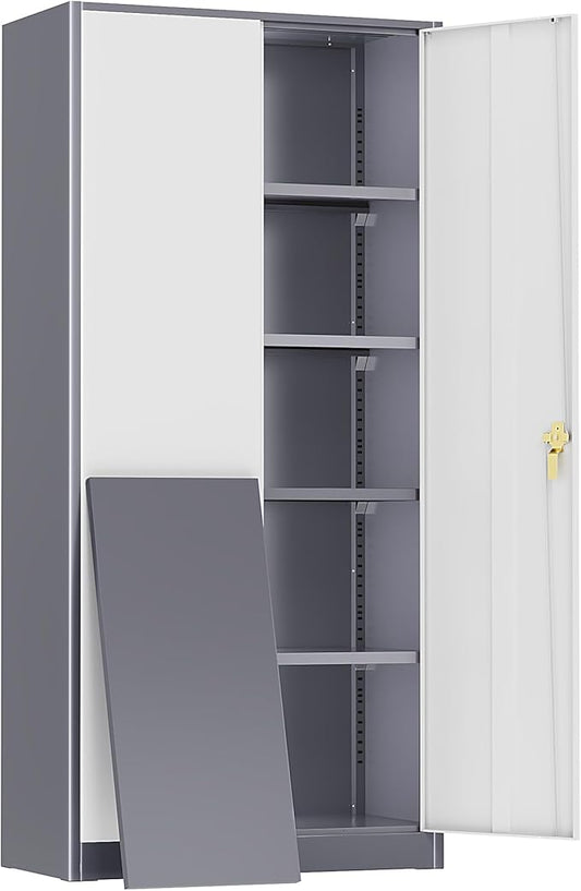 SUNCROWN 72" Metal Storage Cabinet - Heavy-Duty Metal Garage Cabinet with 4 Adjustable Shelves & 2 Doors for Tools, Office, Home, Workshop,Grey & White