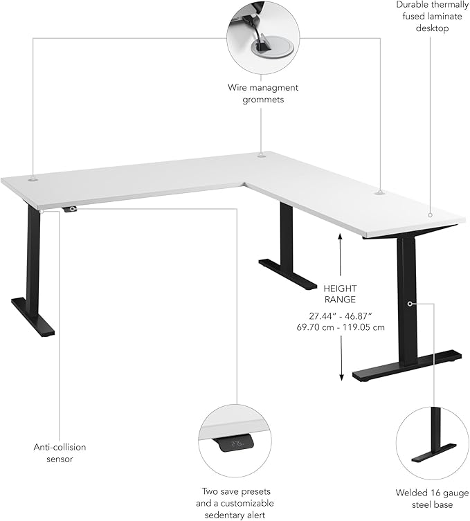 Bush Business Furniture 72-inch Height Adjustable L Shaped Standing Desk, Electric Sit-Stand Corner Computer Table, Ergonomic Office, Move 60 Series, White with Black Base