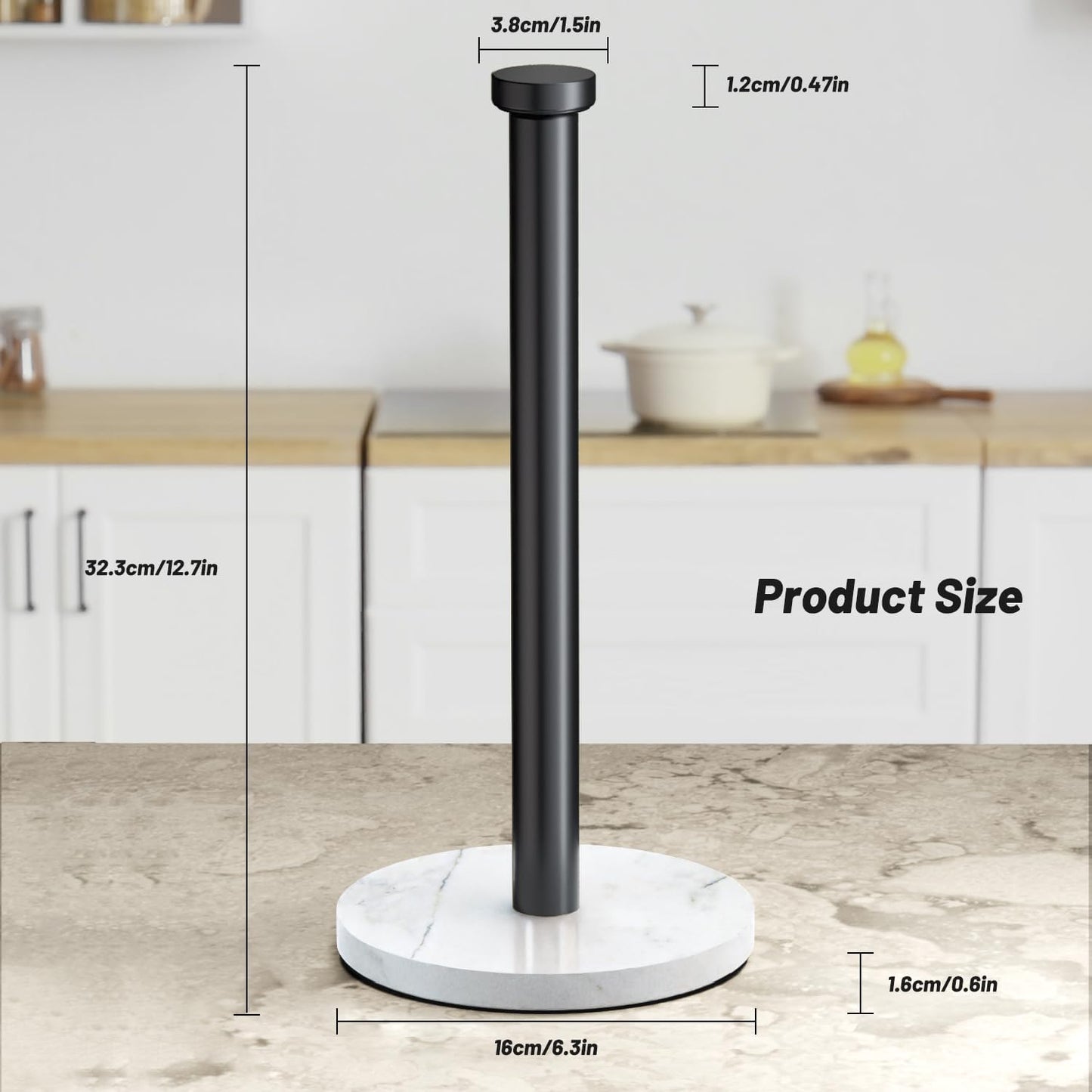 VEHHE Marble Paper Towel Holder for Kitchen Countertop, Standing Paper Towel Stand with Weighted Base & EVA Non-Slip Pad, for Bathroom or Kitchen (Black)