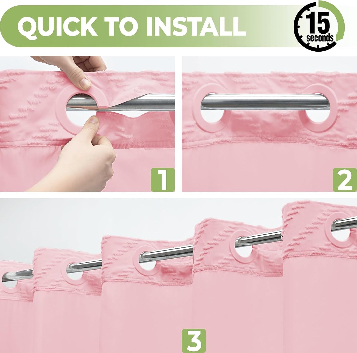 No Hook Shower Curtain with Snap in Liner, Tufted Chevron Striped Shower Curtain Set for Bathroom, Boho Waterproof and Washable Shower Curtains, 71Wx77H, Pink