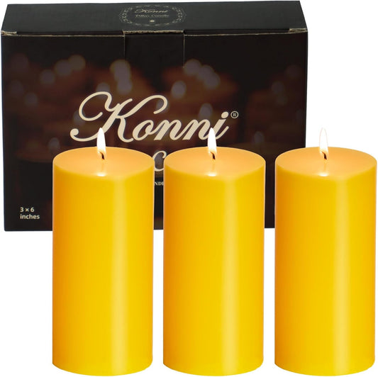 KONNI Yellow Pillar Candles Set of 3, 3"x 6" Unscented Pillar Candles Bulk, 56 Hours Long Burning Candles, Smokeless&Dripless Large Round Candle for Wedding, Home Decoration, Parties, Spas, Dinner