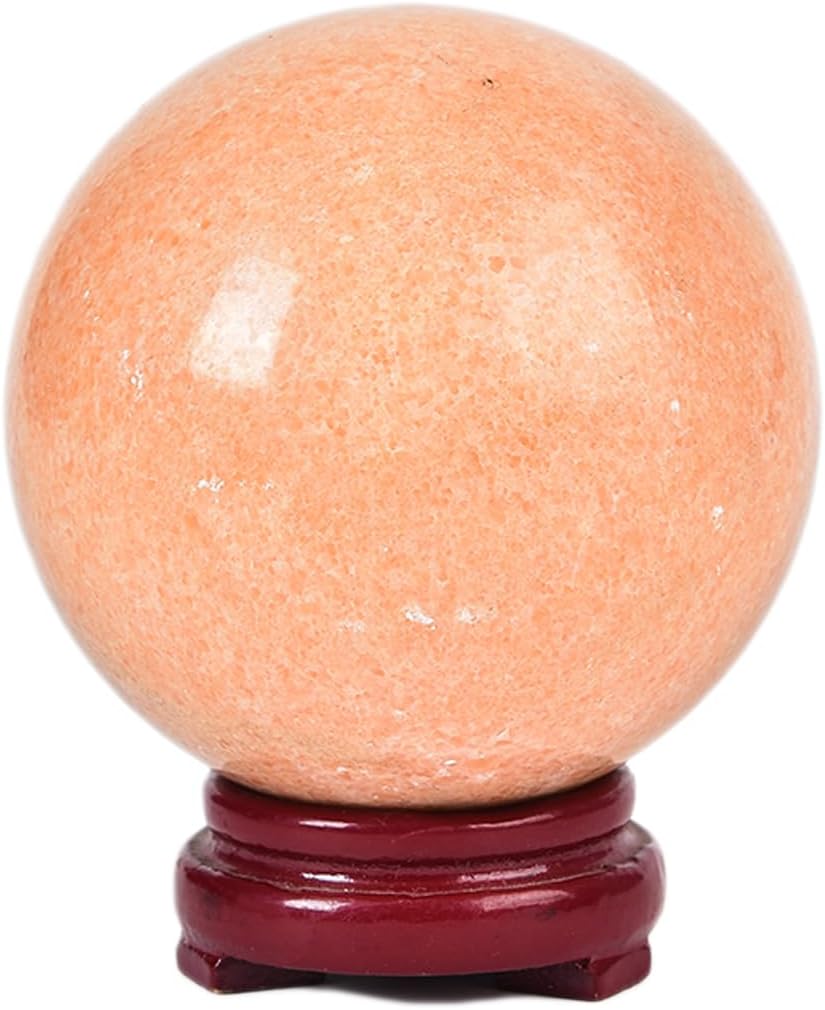JIC Gem Natural Sunstone Sphere Ball with Wooden Stand for Fengshui Rare Healing Crystal Ball Decoation Meditation Energy Reiki Ball (90-100mm)