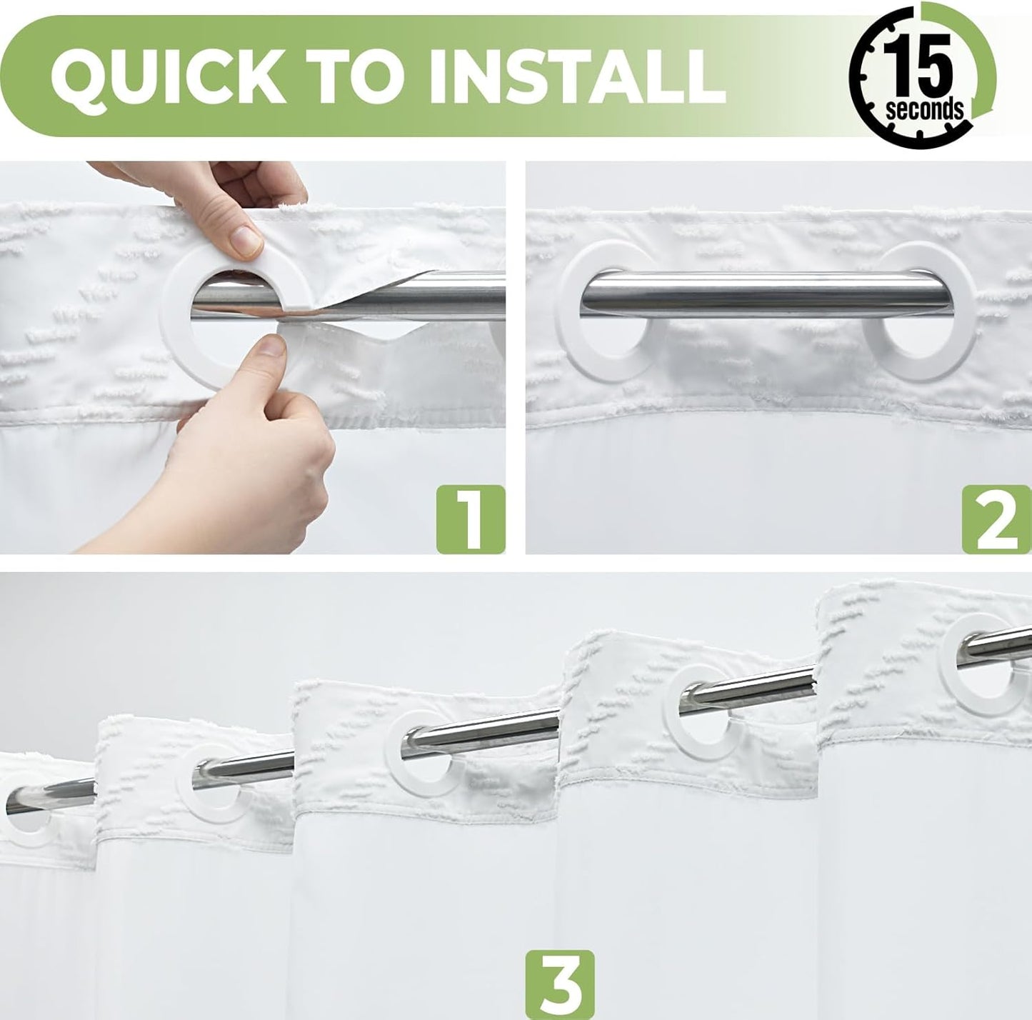 Long No Hook Shower Curtain with Snap in Liner, Tufted Chevron Striped Shower Curtain Set for Bathroom, Boho Waterproof and Washable Shower Curtains,71Wx80H, White