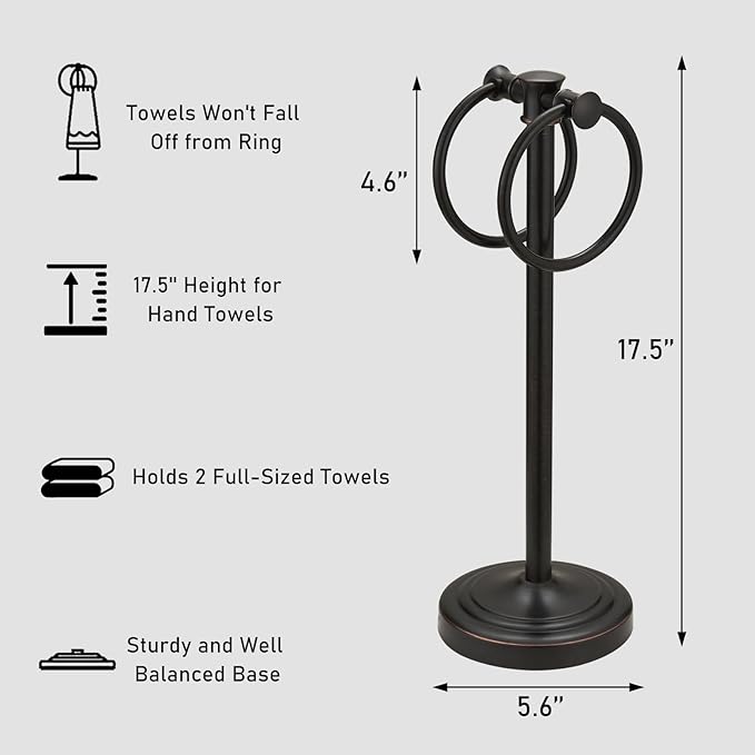 Hoimpro 17 Inch Oil Rubbed Bronze Stainless Steel Free Standing Towel Rack Bar, Double Stand Towel Ring Hand Towel Holder Hanger, Towel Hardware for Bathroom Vanity Kitchen Countertops