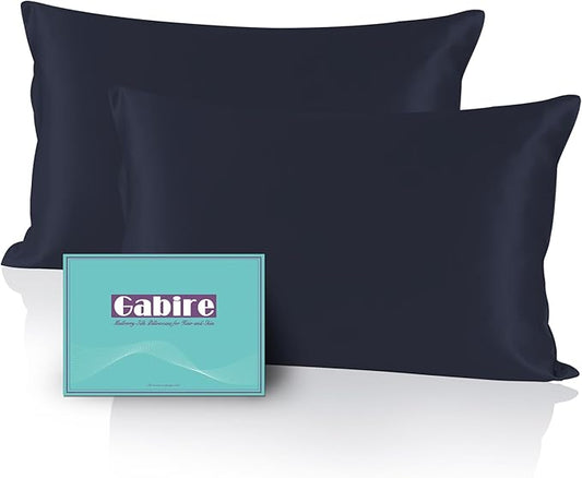 Mulberry Silk Pillowcase Set of 2, Real Silk on Both Sides for Hair & Skin, Prevents Acne, Organic, 2 Pack with Hidden Zipper, Navy Blue, Standard (20"26")