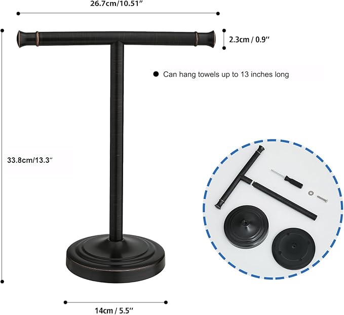RUMOSE 13 Inch Oil Rubbed Bronze Towel Stand Hand Towel Holder Bathroom Kitchen Vanity Countertop T-Shape Towel Rack Free Standing Stainless Steel Towel Bar Towel Ring